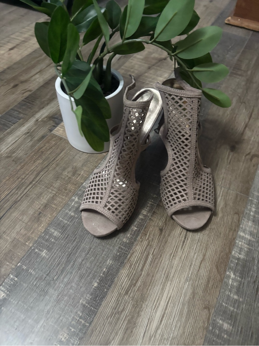 Women's Taupe Laser-Cut Peep-Toe Heels